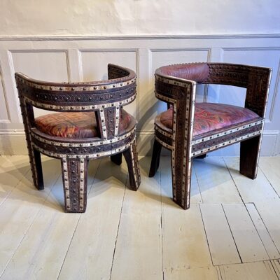 Pair of North African Hardwood and Leather Armchairs
