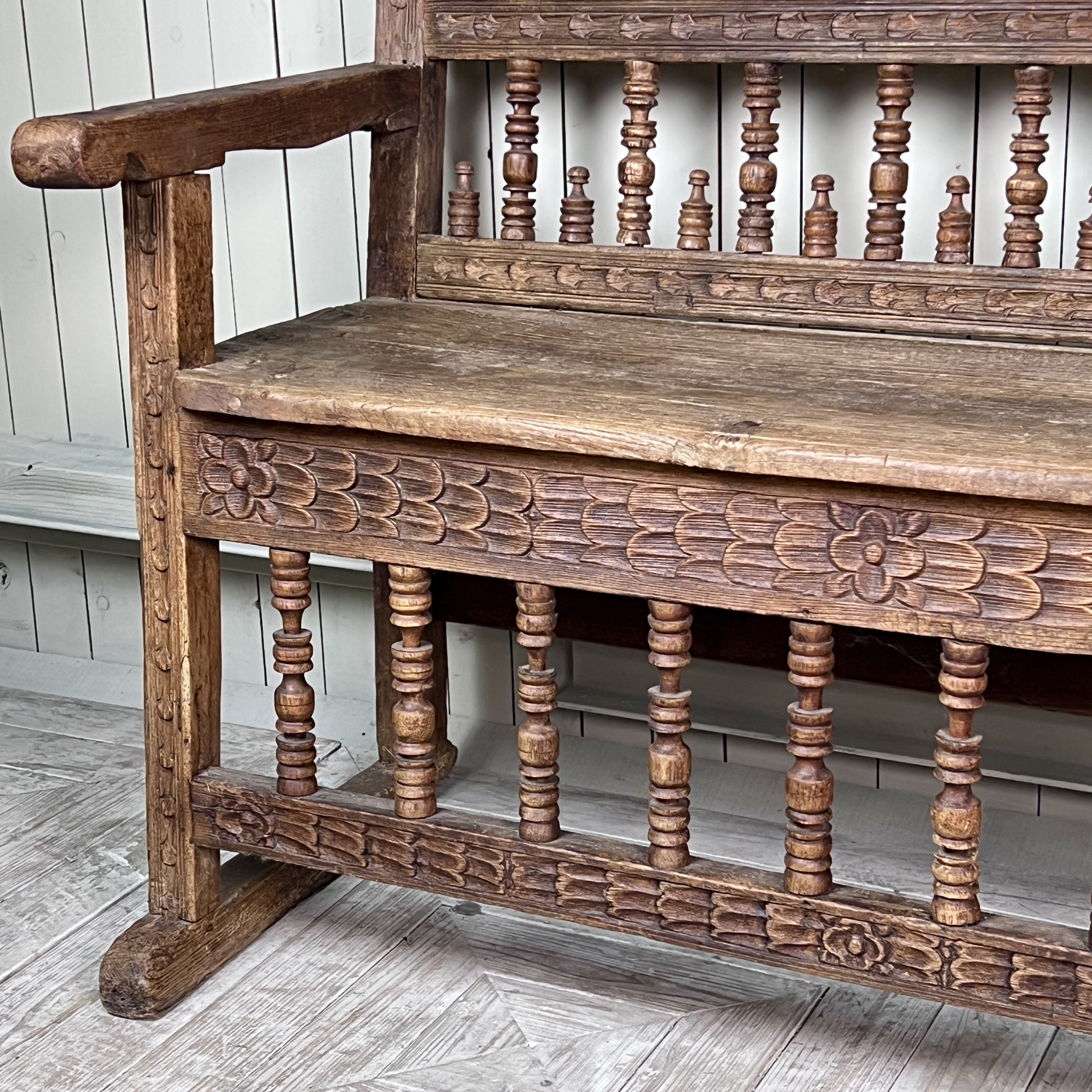 Large Antique Spanish Colonial Carved Hardwood Bench – Late 18th / Early 19th Century - Image 7