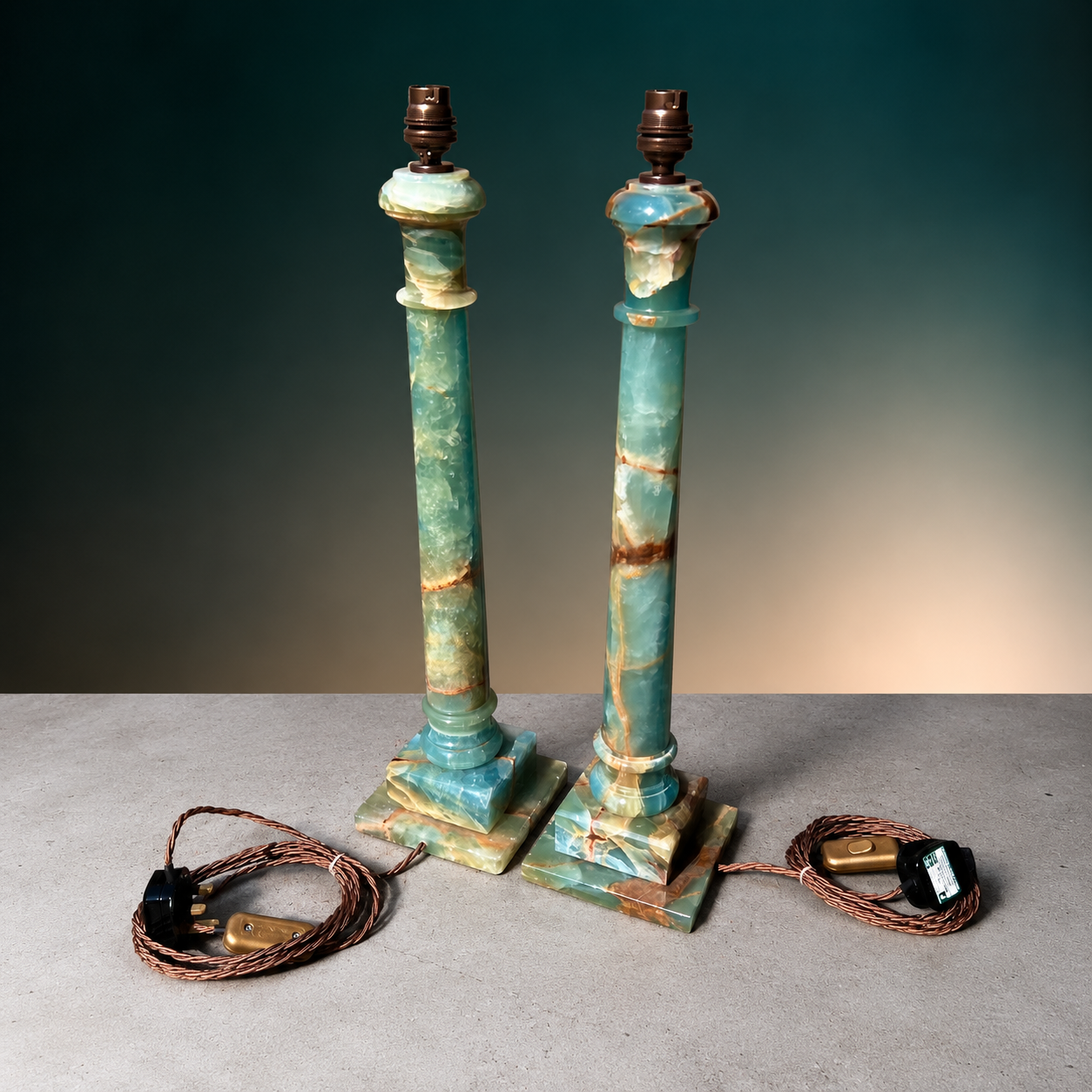 Rare Pair of Midcentury Blue-Green Onyx Column Table Lamps - Image 2