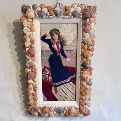 Victorian/Edwardian Woolwork ‘Woolie’ with Sailor Girl, Shell Frame