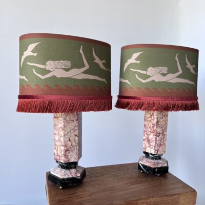 Pair of Italian Mid-Century Modern Two-Tone Marble Table Lamps with Bespoke Shades