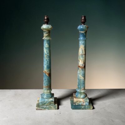 Rare Pair of Midcentury Blue-Green Onyx Column Table Lamps