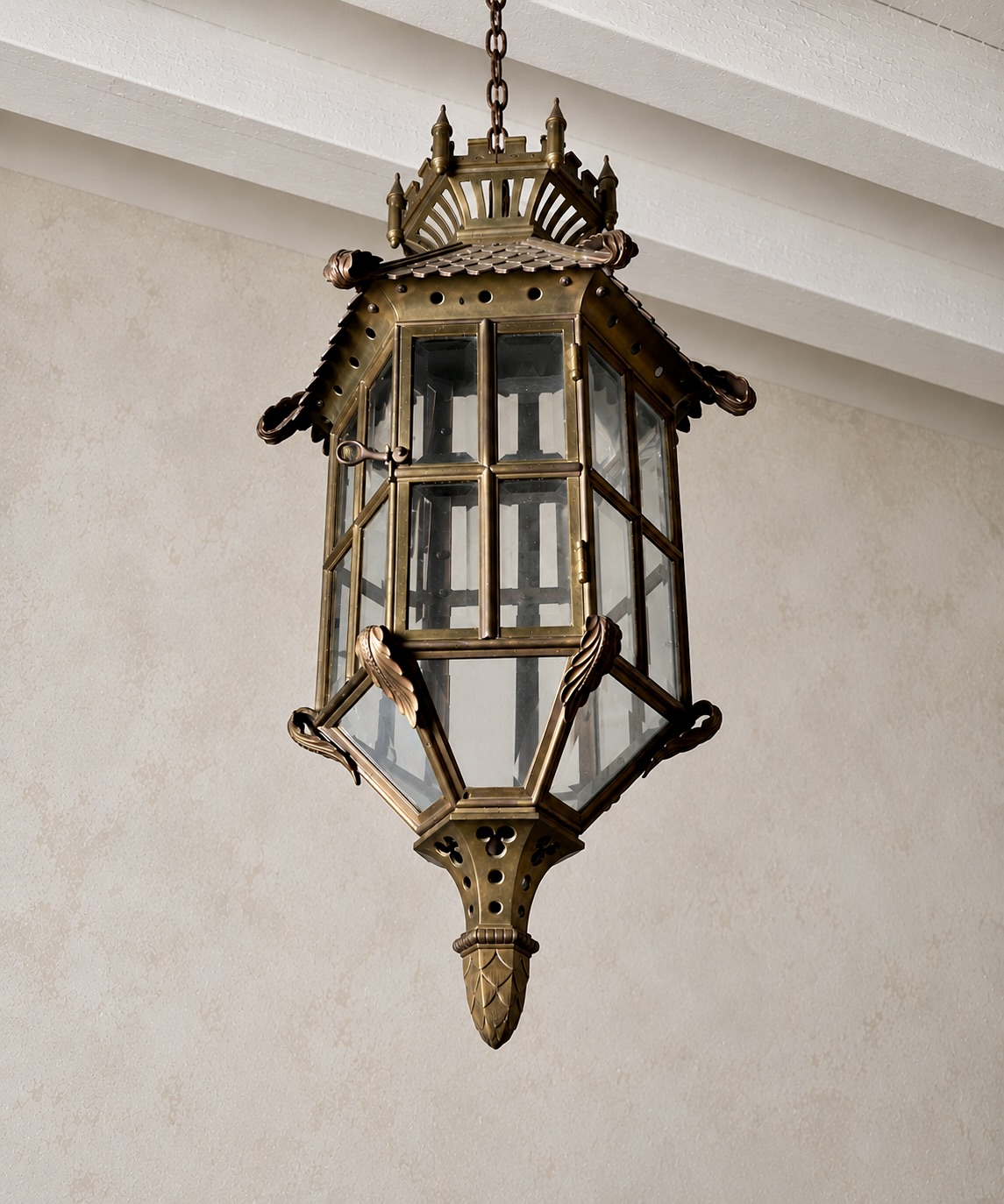 Large Continental Gothic Revival Bronze Hanging Lantern with Castellated Crown - Image 5