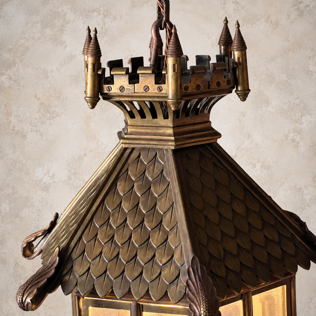 Large Continental Gothic Revival Bronze Hanging Lantern with Castellated Crown - Image 6