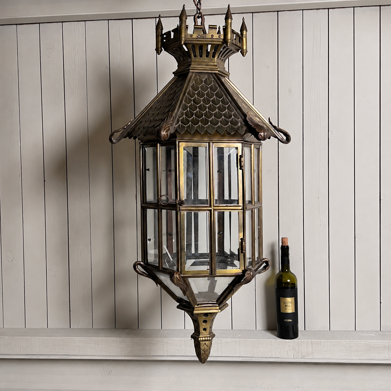 Large Continental Gothic Revival Bronze Hanging Lantern with Castellated Crown - Image 10